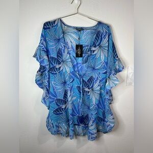 Club Z Collection Blue Floral Ruffle Sleeve Tunic Top NWT Boho Resort Blouse M L
